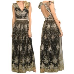 Elegant Black and Gold Art Deco Evening Gown Size M